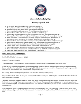 Minnesota Twins Daily Clips Monday, August 19, 2013 in the Clutch, Twins