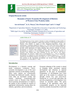 Dynamics of Socio–Economic Development of Districts of Western Uttar Pradesh, India