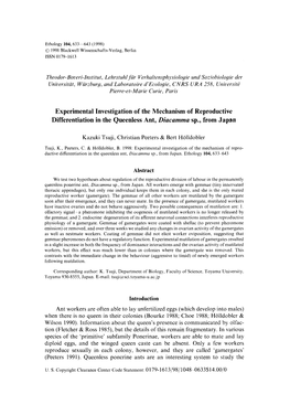 Experimental Investigation of the Mechanism of Reproductive Differentiation in the Queenless Ant, Diacamma Sp., from Japan