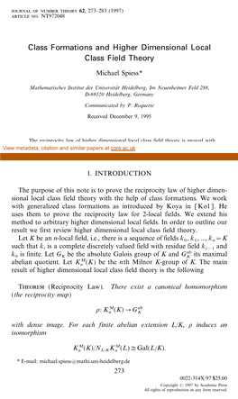 Class Formations Ans Higher Dimensional Local Class Field Theory