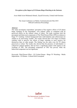 Perceptions of the Impact of US Drama Binge-Watching in the Emirates Azza Abdel-Azim Mohamed Ahmed , Zayed University, United A