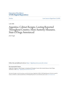 Argentina: Cabinet Resigns; Looting Reported Throughout Country; More Austerity Measures, State of Siege Announced John Neagle