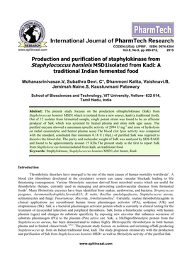 Production and Purification of Staphylokinase from Staphylococcus Hominis Msd1isolated from Kadi: a Traditional Indian Fermented Food