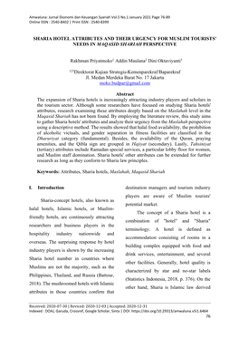 SHARIA HOTEL ATTRIBUTES and THEIR URGENCY for MUSLIM TOURISTS' NEEDS in MAQASID SHARIAH PERSPECTIVE Rakhman Priyatmoko1 Addin Ma