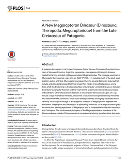 A New Megaraptoran Dinosaur (Dinosauria, Theropoda, Megaraptoridae) from the Late Cretaceous of Patagonia