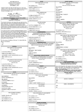 SPECIMEN BALLOT MASON COUNTY, ILLINOIS GENERAL ELECTION NOVEMBER 2, 2010 for the Proposed Addition of Section 7 to Article III O