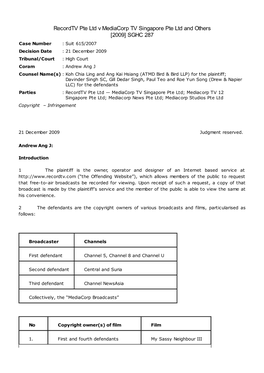 Recordtv Pte Ltd V Mediacorp TV Singapore Pte Ltd and Others