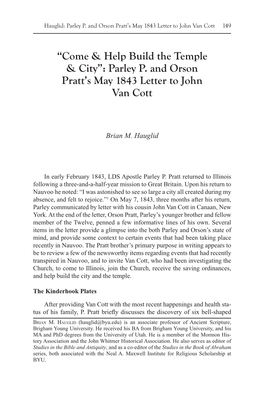 “Come & Help Build the Temple & City”: Parley P. and Orson Pratt's May