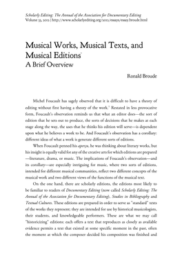 Musical Works, Musical Texts, and Musical Editions* a Brief Overview