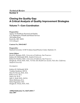 A Critical Analysis of Quality Improvement Strategies, Volume 7—Care Coordination”