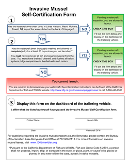 Invasive Mussel Self-Certification Form Pending a Watercraft 1 Inspection, You Are Allowed to Launch