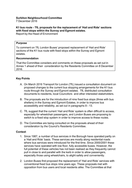 K1 Bus Route - Tfl Proposals for the Replacement of ‘Hail and Ride’ Sections with Fixed Stops Within the Sunray and Egmont Estates