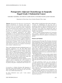 Postoperative Adjuvant Chemotherapy in Surgically Staged Grade 3 Endometrial Cancer NOBUHIRO TAKESHIMA, TSUYOSHI OTA, KOHEI OMATSU, KATSUHIKO HASUMI and KEN TAKIZAWA