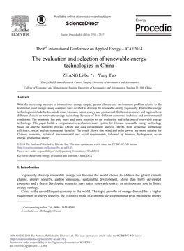 The Evaluation and Selection of Renewable Energy Technologies in China