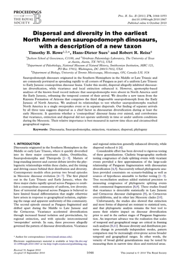 Dispersal and Diversity in the Earliest North American Sauropodomorph Dinosaurs, with a Description of a New Taxon Timothy B