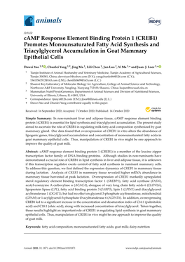 Camp Response Element Binding Protein 1 (CREB1) Promotes Monounsaturated Fatty Acid Synthesis and Triacylglycerol Accumulation in Goat Mammary Epithelial Cells