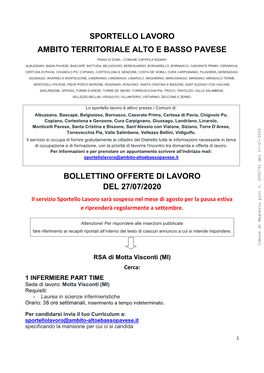 Sportello Lavoro Ambito Territoriale Alto E Basso Pavese Bollettino Offerte Di Lavoro Del 27/07/2020