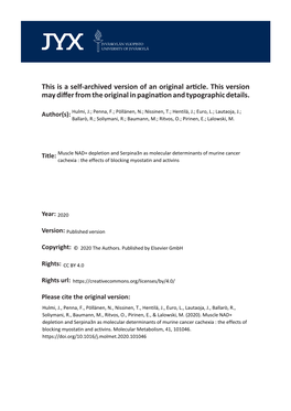 Muscle NAD+ Depletion and Serpina3n As Molecular Determinants of Murine Cancer Cachexia : the Effects of Blocking Myostatin and Activins