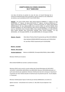 COMPTE-RENDU DU CONSEIL MUNICIPAL DU 1Er MARS 2018