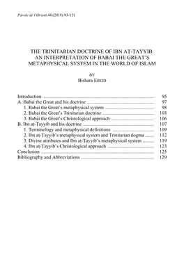 The Trinitarian Doctrine of Ibn Aṭ-Ṭayyib: an Interpretation of Babai the Great‟S Metaphysical System in the World of Islam