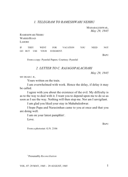 1. Telegram to Rameshwari Nehru 2. Letter to C