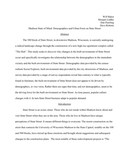 Will Baker Morgan Ludtke Dan Puerling Dave Roberts Madison State of Mind: Demographics and Urban Form on State Street