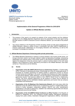 UNWTO Commission for Europe CEU/64/4.2 Sixty-Fourth Meeting Madrid, May 2019 Zagreb, Croatia, Original: English Provisional Agenda Item 4.2