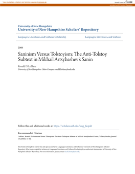 The Anti-Tolstoy Subtext in Mikhail Artsybashevâ•Žs Sanin
