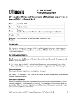 2014 Audited Financial Statements of Business Improvement Areas (Bias) – Report No