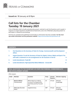 Call List for Tue 19 Jan 2021