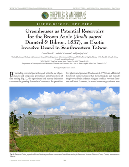 Greenhouses As Potential Reservoirs for the Brown Anole (Anolis Sagrei Duméril & Bibron, 1837)