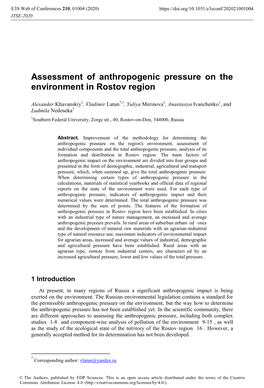 Assessment of Anthropogenic Pressure on the Environment in Rostov Region