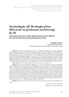 Deschooling for All? the Thought of Ivan Illich in the Era of Education (And Learning) for All