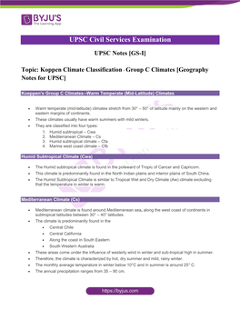 Koppen Climate Classification - Group C Climates [Geography Notes for UPSC]