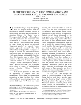 The 1963 James Baldwin and Martin Luther King, Jr. Warnings to America Carly Lucas University of Chicago Carlyrlucas@Gmail.Com