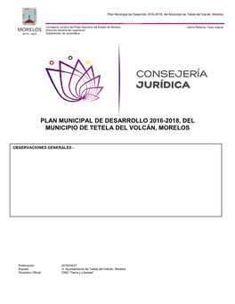 Plan Municipal De Desarrollo 2016-2018, Del Municipio De Tetela Del Volcán, Morelos