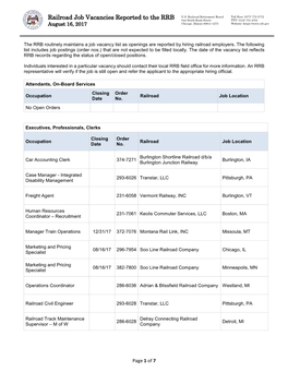 Railroad Job Vacancies Reported to the RRB 844 North Rush Street TTY: (312) 751-4701 August 16, 2017 Chicago, Illinois 60611-1275 Website