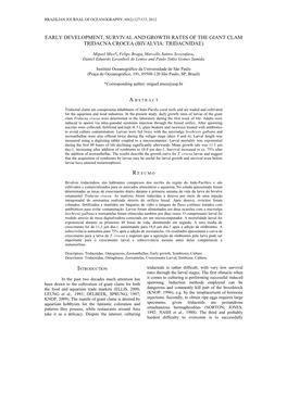 Early Development, Survival and Growth Rates of the Giant Clam Tridacna Crocea (Bivalvia: Tridacnidae)