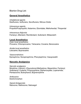 Blanton Drug List: General Anesthetics Local Anesthetics