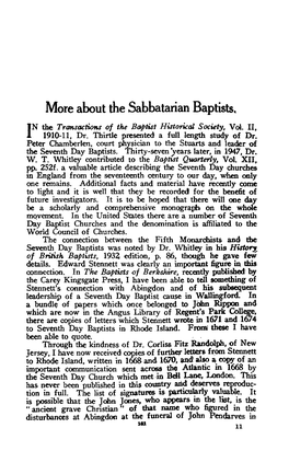 About the Sabbatarian Baptists. N the Transactions of the Bfjptist Historical Society, Vol