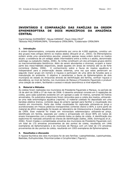 Inventário E Comparação Das Famílias Da Ordem Ephemeroptera De Dois Municípios Da Amazônia Central
