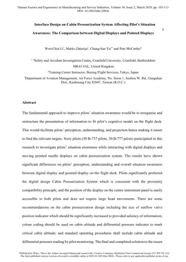 Interface Design on Cabin Pressurization System Affecting Pilot’S Situation 1 Awareness: the Comparison Between Digital Displays and Pointed Displays