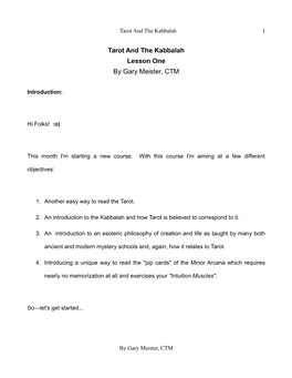 Tarot and the Kabbalah Lesson One by Gary Meister, CTM