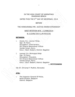 In the High Court of Karnataka Dharwad Bench Dated This the 9 Th Day of December, 2014