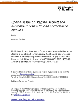 Special Issue on Staging Beckett and Contemporary Theatre and Performance Cultures