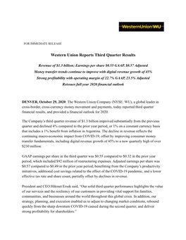 Western Union Reports Third Quarter Results