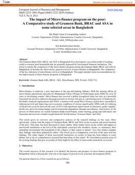 The Impact of Micro-Finance Program on the Poor: a Comparative Study of Grameen Bank, BRAC and ASA in Some Selected Areas in Bangladesh