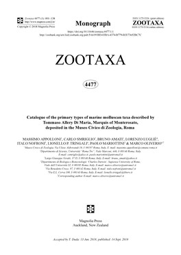 Catalogue of the Primary Types of Marine Molluscan Taxa Described by Tommaso Allery Di Maria, Marquis of Monterosato, Deposited in the Museo Civico Di Zoologia, Roma