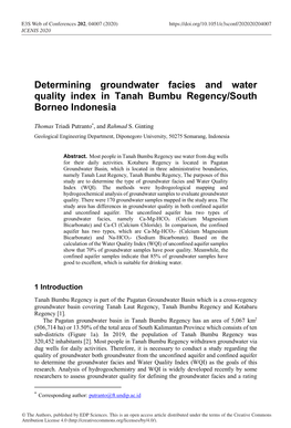 Determining Groundwater Facies and Water Quality Index in Tanah Bumbu Regency/South Borneo Indonesia