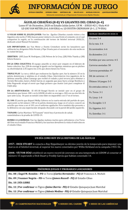 ÁGUILAS CIBAEÑAS (8-8) VS GIGANTES DEL CIBAO (6-4) Lunes 07 De Diciembre, 2020 En Estadio Julián Javier, S.F.M